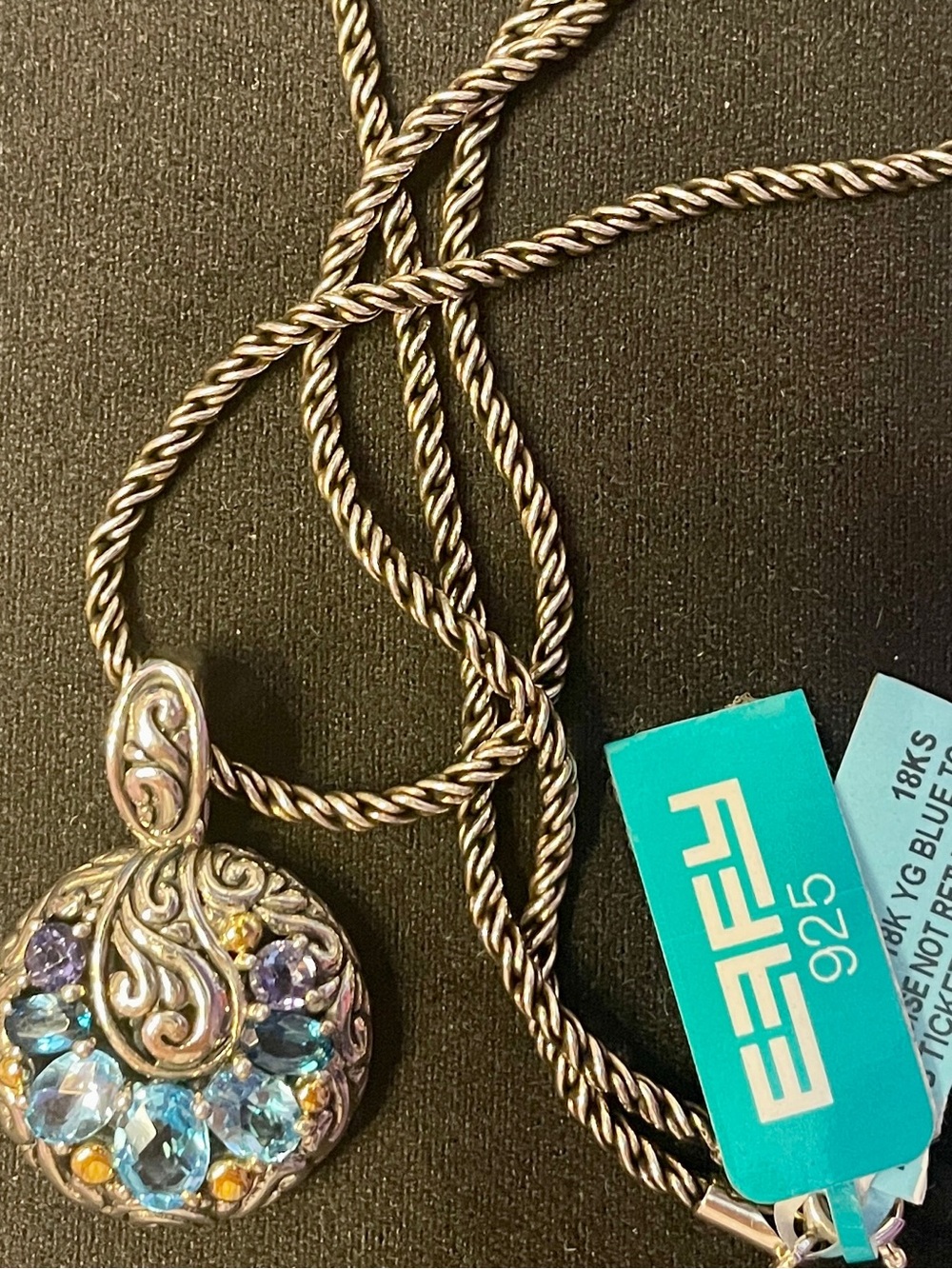 Effy Iolite, London Blue Topaz, Pendant in 18k Yellow Gold & Sterling. NWT